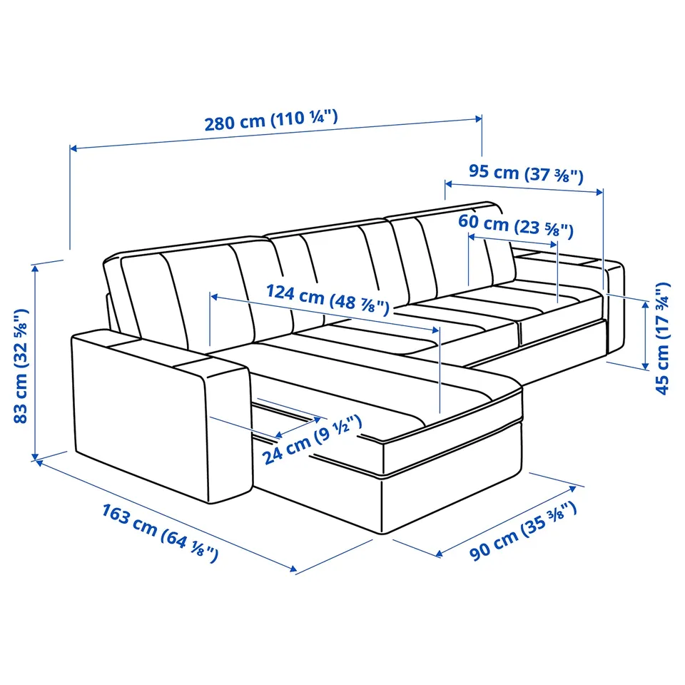 KIVIK 3-seat sofa with chaise longue, Kelinge grey-turquoise