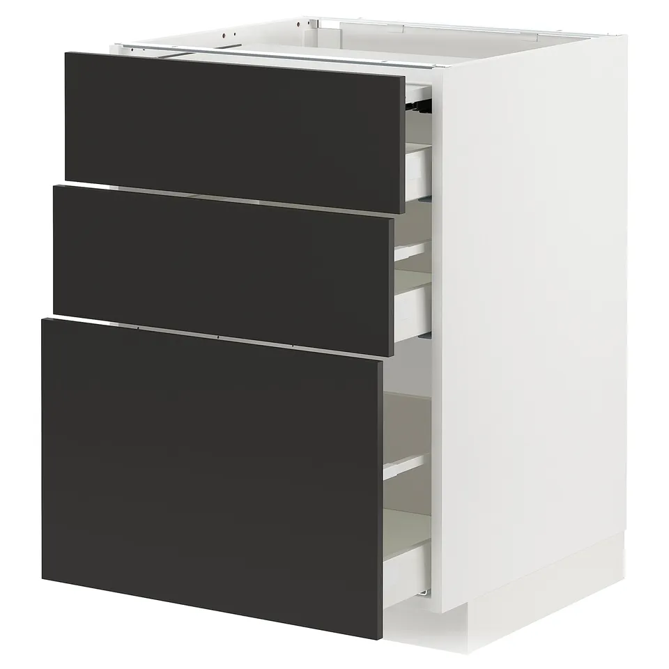 Black 3-drawer METOD kitchen cabinet, modern, rectangular, white frame, full-extension drawers.