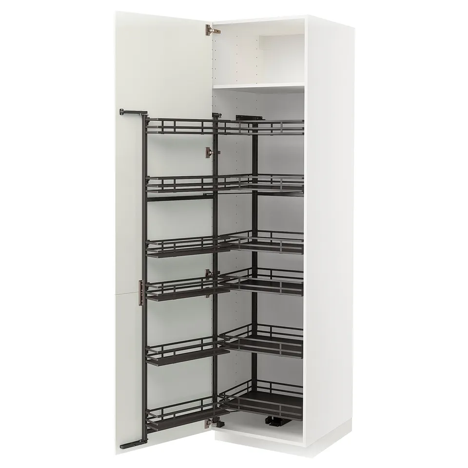 White METOD kitchen unit with black pull-out shelves.
