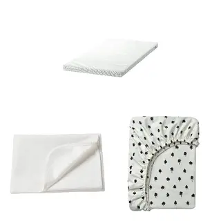 GRÖNFINK/LEN/PLUTTIG set: foam mattress for cot + mattress protector + fitted sheet for cot, white + white/tree pattern, 60x120x5 cm