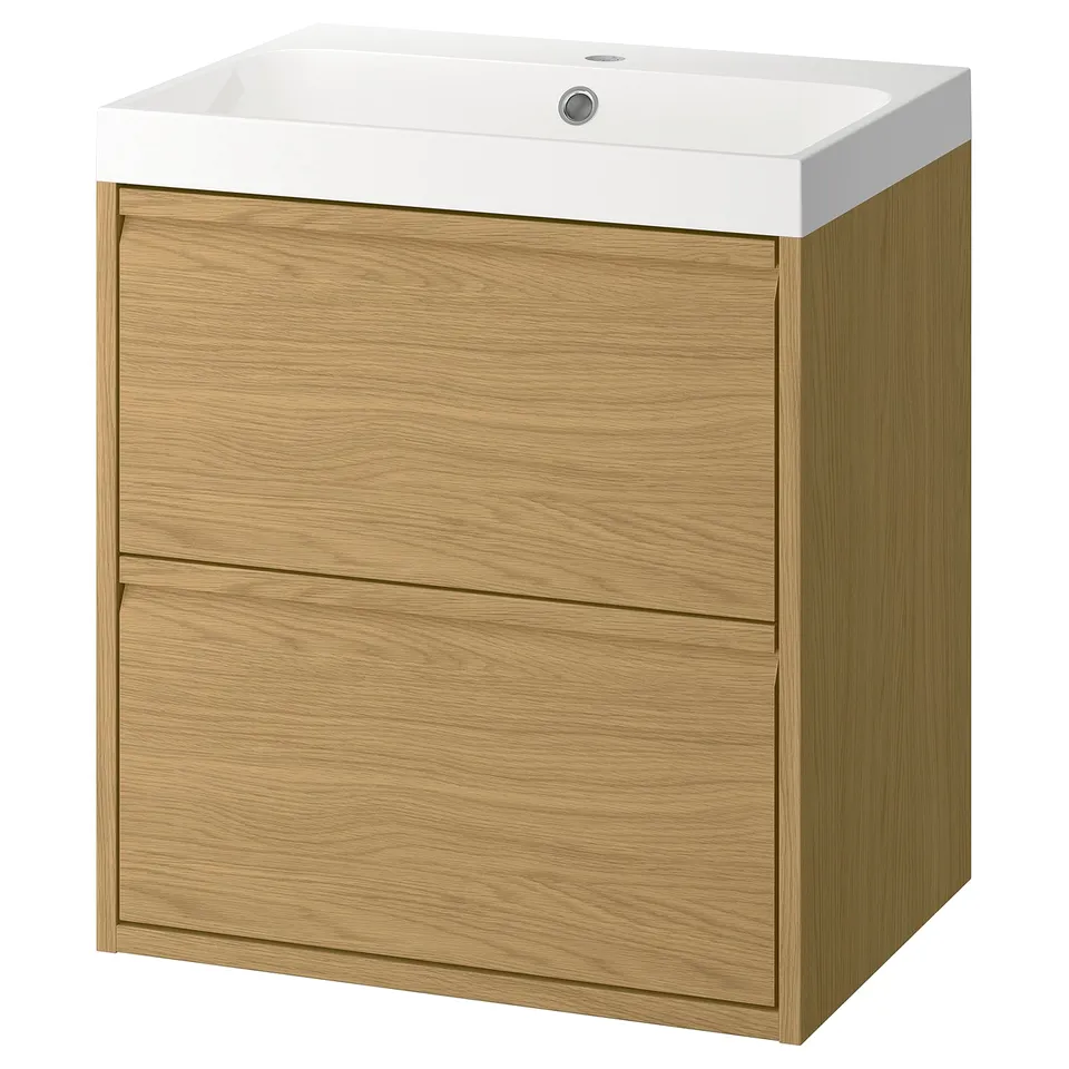 Modern light oak bathroom cabinet with clean white sink, wall-mounted, two spacious drawers, sleek design.