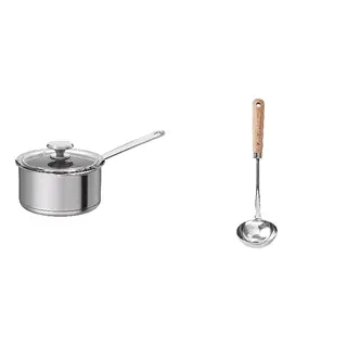 HEMKOMST/VARDAGEN set: saucepan with lid + ladle, stainless steel/glass + stainless steel/beech, 2 l
