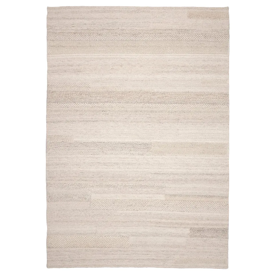 BRÖNDEN rug, beige, rectangular, handwoven with varied textures, cotton warp, wool surface.