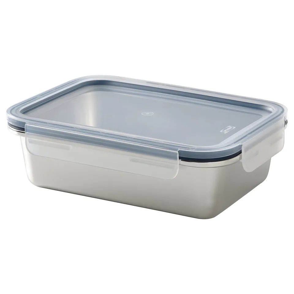 IKEA 365+ stainless steel food container, rectangular, with clear lid and snap-lock seal, grey.