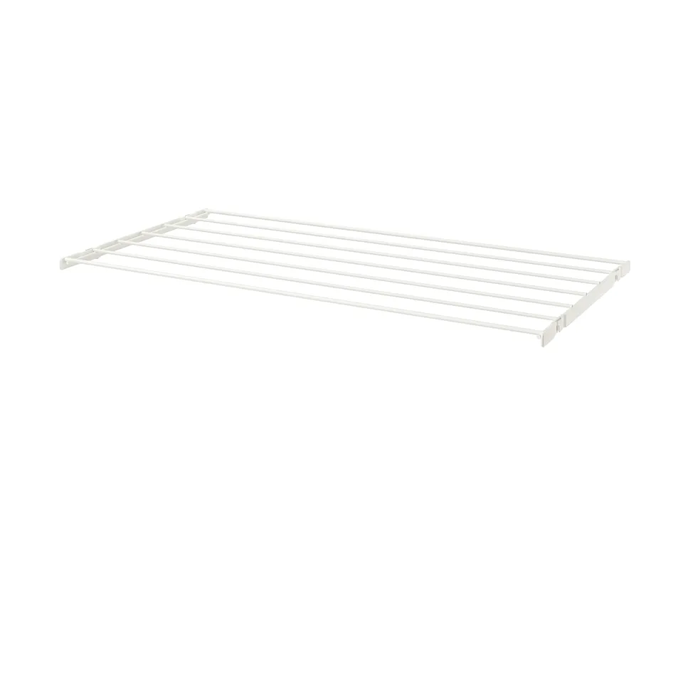 A white BOAXEL drying rack, made of steel, rectangular in shape, with a shelving design, suitable for organising laundry.