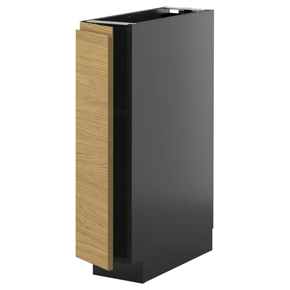 A modern, tall, grey kitchen cabinet with a light wooden door and a minimalist design.