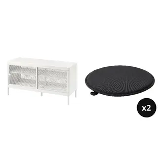 MACKAPÄR/ÄNGSFRÄKEN set: storage bench with sliding doors + chair pad x2, white + black/in/outdoor, 100x37x52 cm