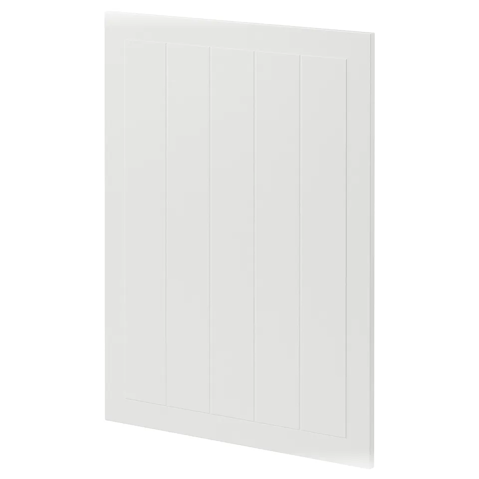 A white METOD kitchen cabinet door. It is rectangular with a smooth, painted finish and subtle vertical grooves.
