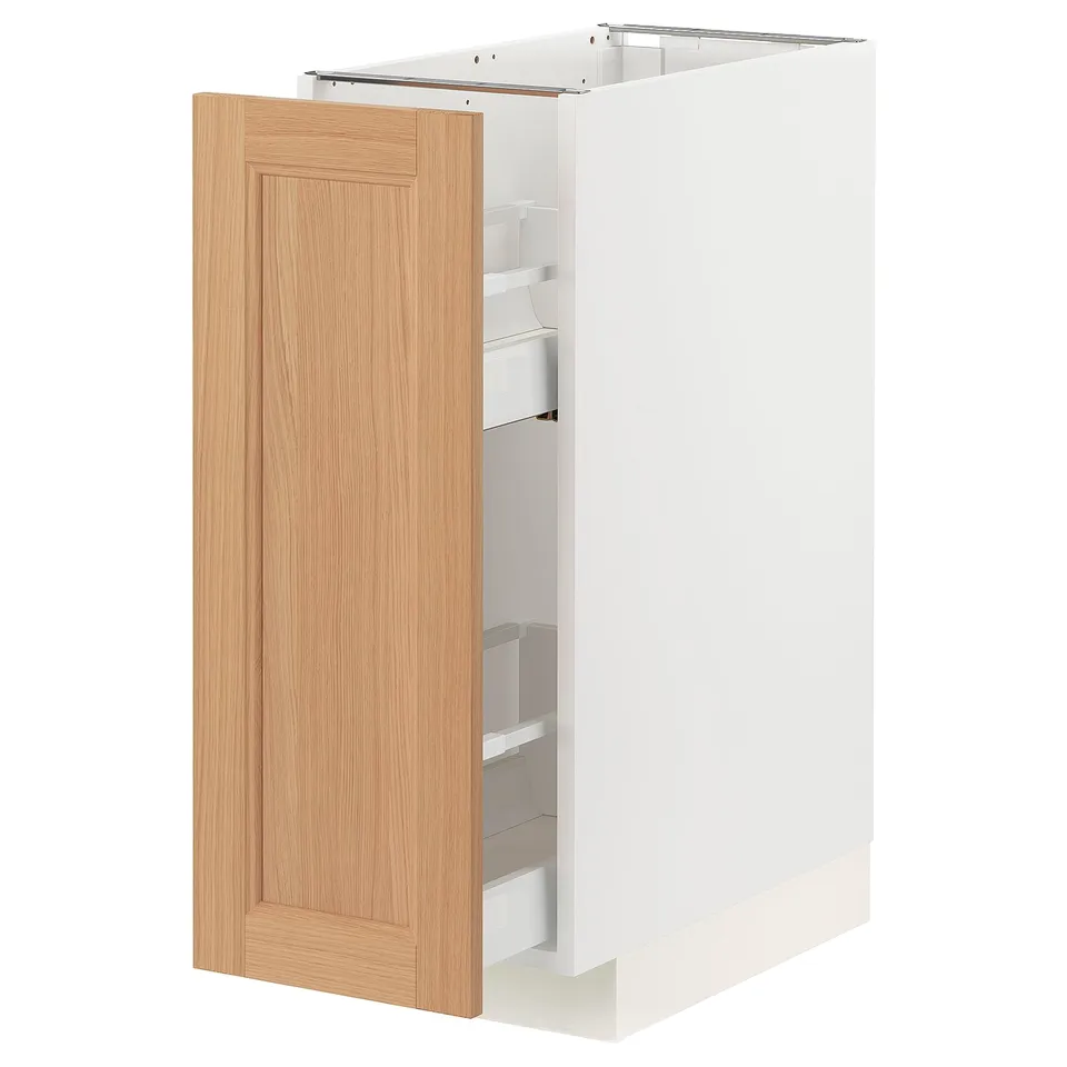 A white METOD kitchen cabinet with a light oak door, featuring a pull-out drawer inside.