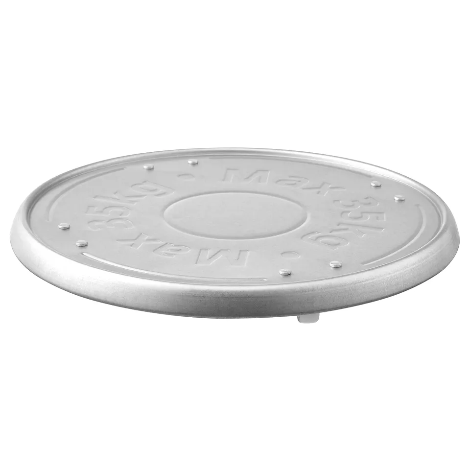Silver circular plant mover tray with embossed design, galvanised steel, raised edges.