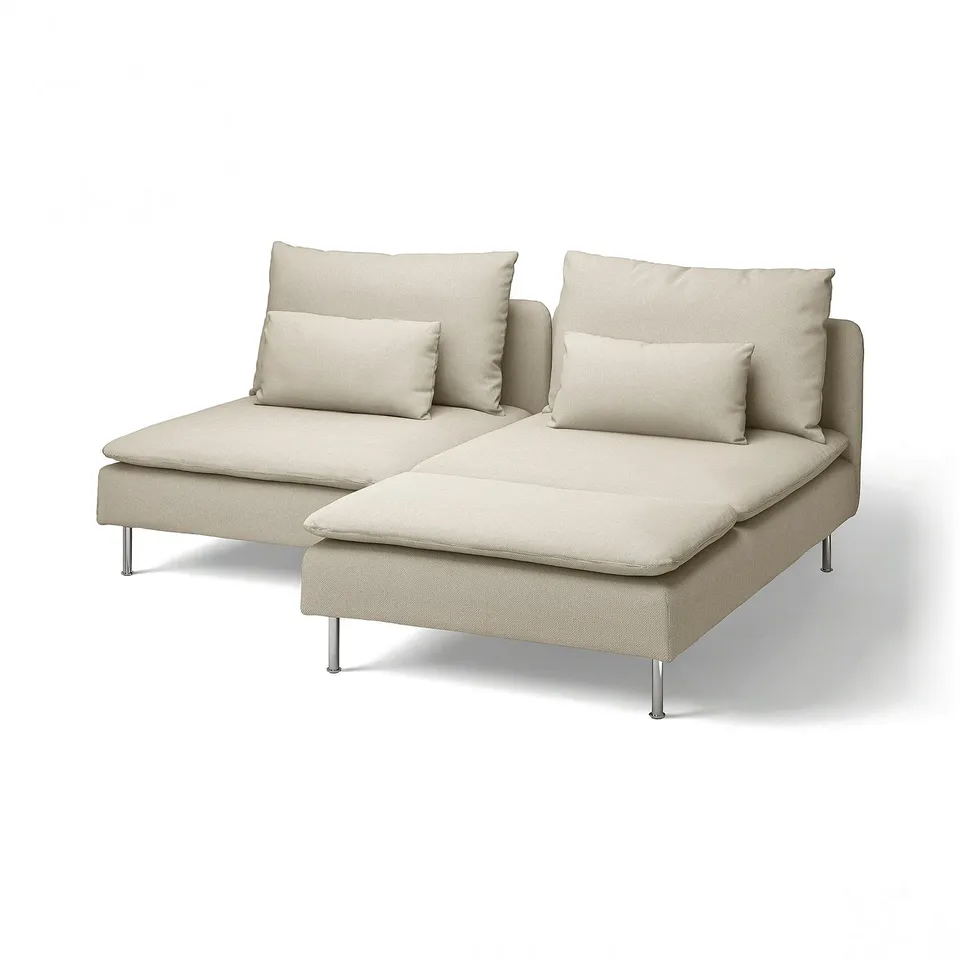 A beige SÖDERHAMN beige sectional sofa, with a chaise lounge on the left. It has a minimalist design with clean lines and high legs.