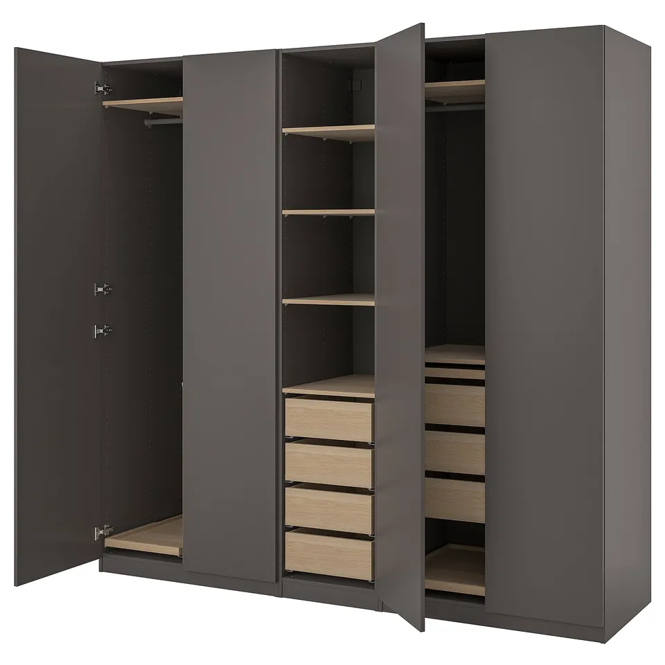 Modern dark grey PAX closet with wooden shelves and drawers.