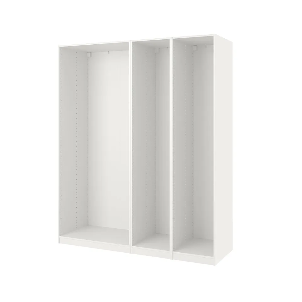 A white PAX wardrobe frame, modern and modular, open for customization.