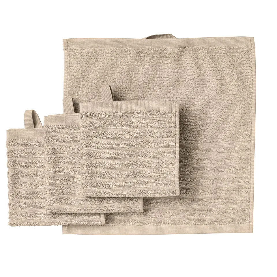 Beige VÅGSJÖN towel set: bath, hand, face towels, textured, striped.
