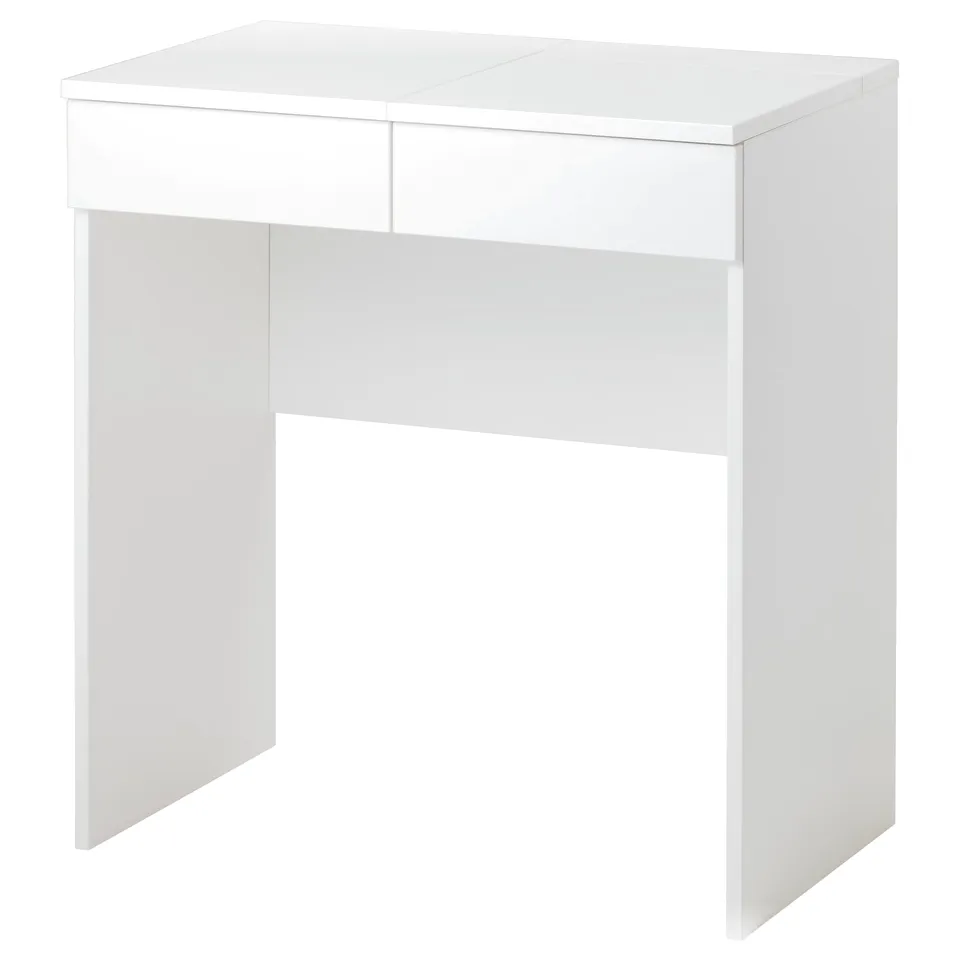 BRIMNES white desk, rectangular, sleek design, glossy finish, modern minimalist style.