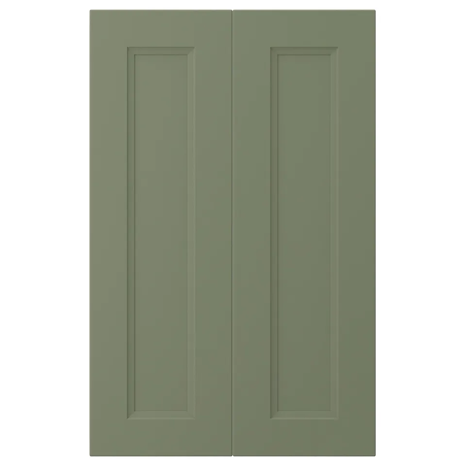 Two green cabinet doors side-by-side in gray-green with inset panels and smooth surfaces.