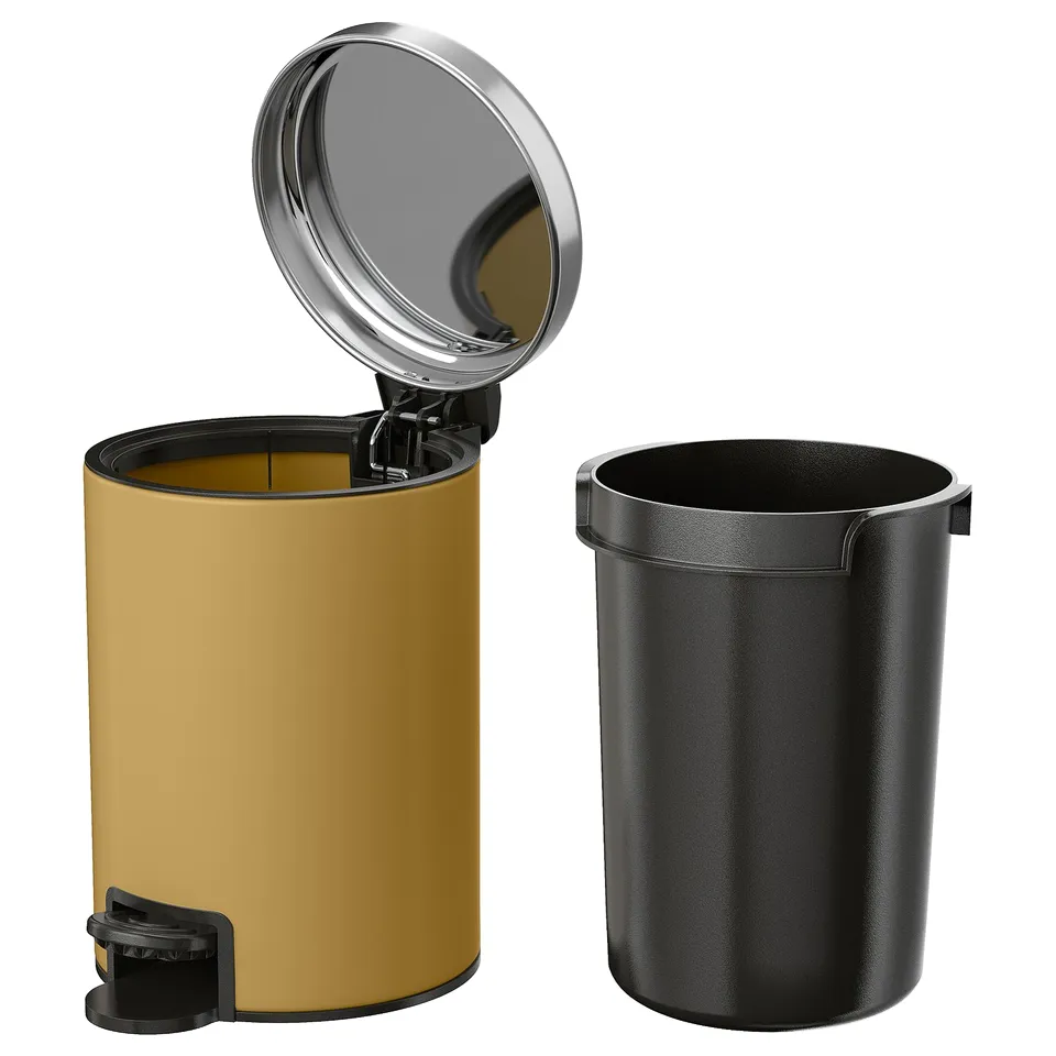 Two stylish bins, one yellow, one black, with sleek curves and pedal for lid. Yellow has silver lid, both have non-slip feet.