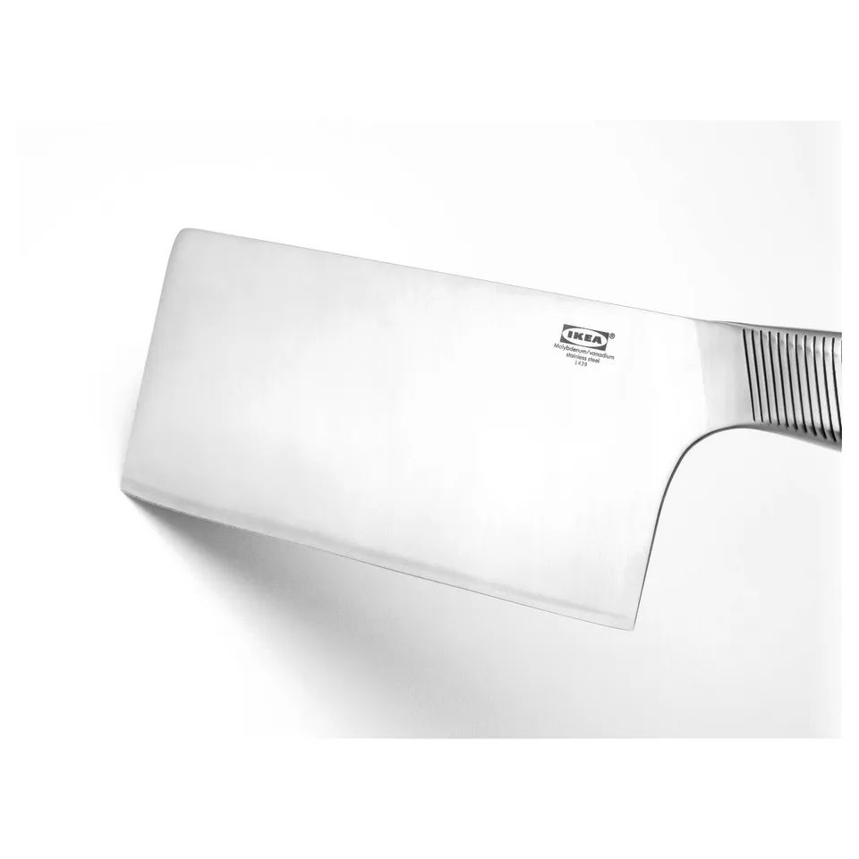 Silver stainless steel knife with grooved handle, sharp blade, labelled IKEA.
