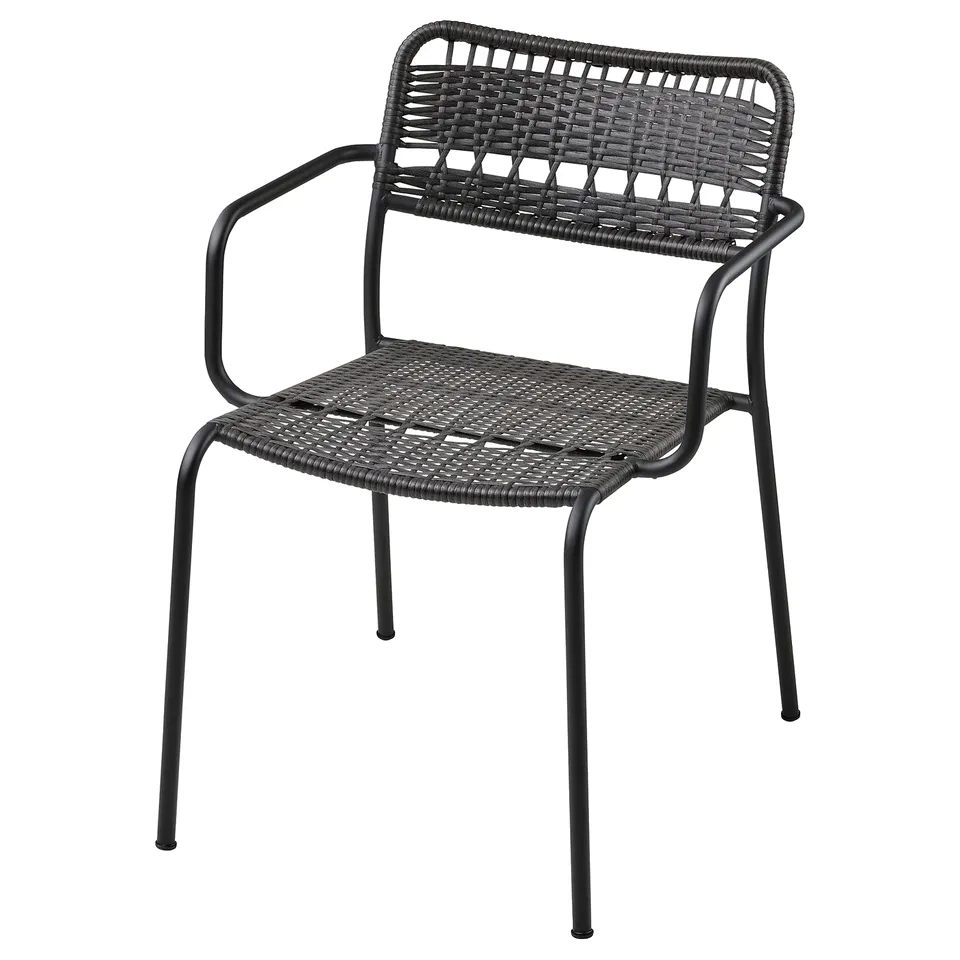 LÄCKÖ black wicker outdoor chair, featuring powder-coated steel arms and legs, with handwoven plastic rattan seat and back.