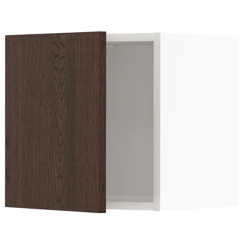 METOD wall cabinet in dark brown with oak veneer, featuring a single door slightly ajar.