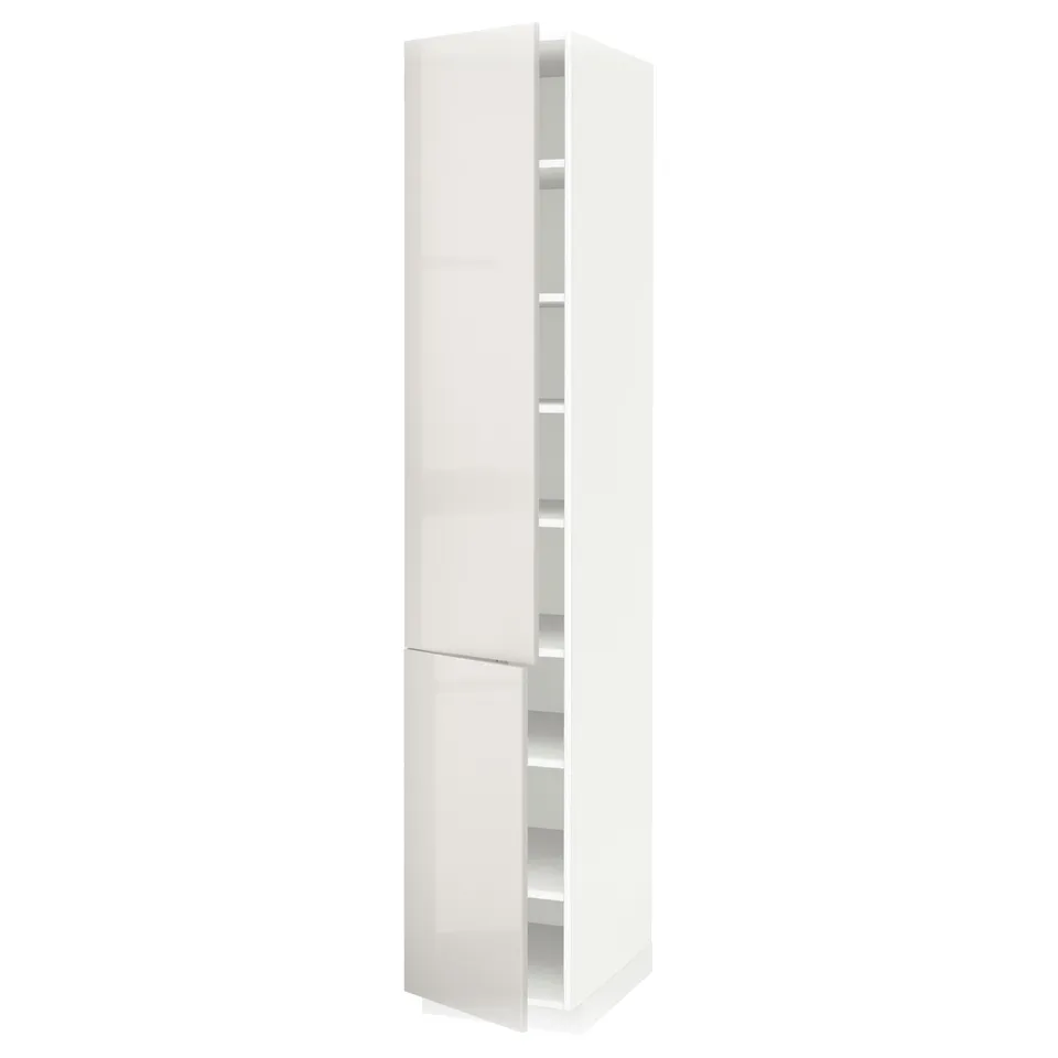 White high cabinet from ikea METOD kitchen system, high gloss finish, rectangular shape, with snap-on hinges and adjustable shelf.