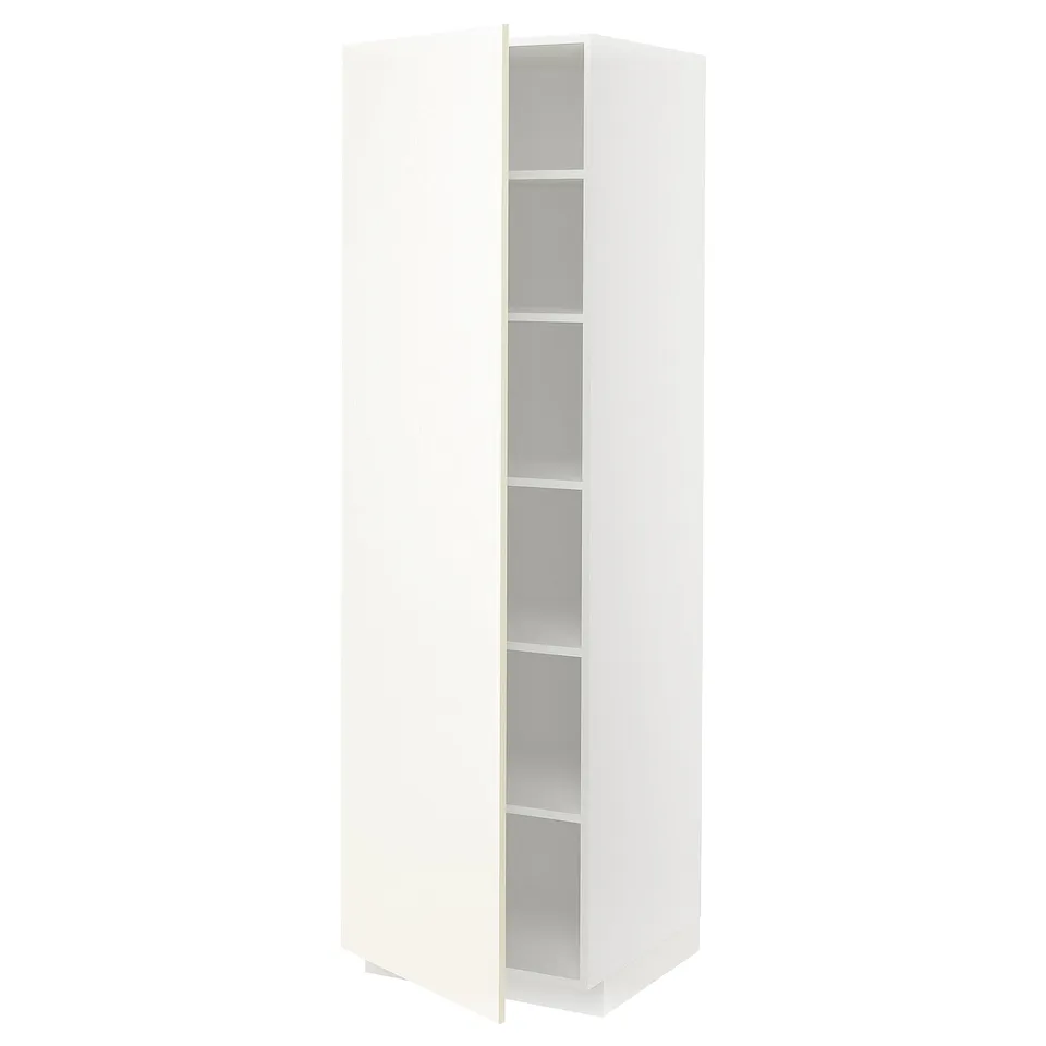 A white METOD kitchen cabinet. Its tall with adjustable shelves and a reversible door. Clean and modern design.