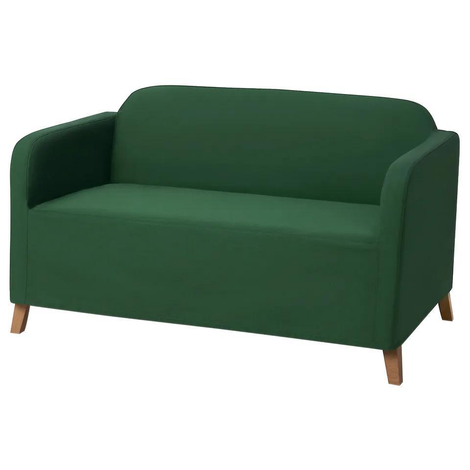 Green 2-seat LINANÄS sofa, upholstered, wooden legs, rounded edges.