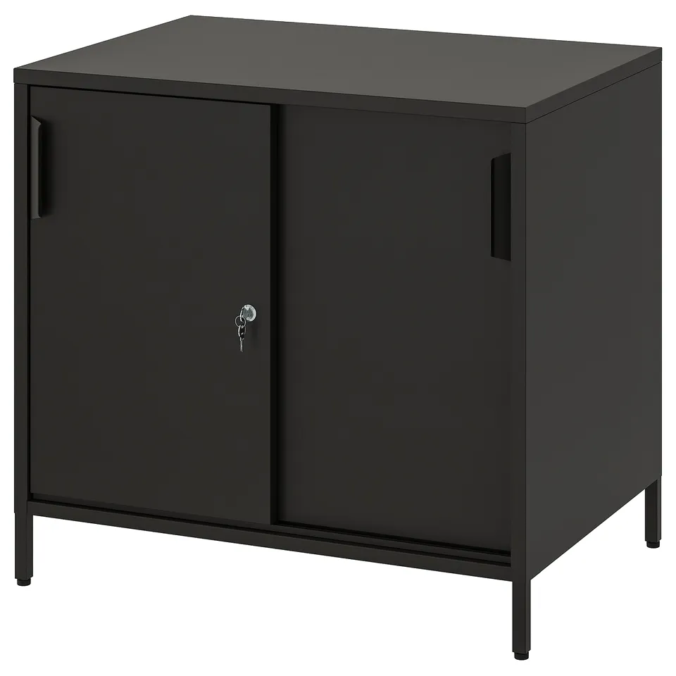 Black TROTTEN cabinet, double-sided with sliding doors, metal.