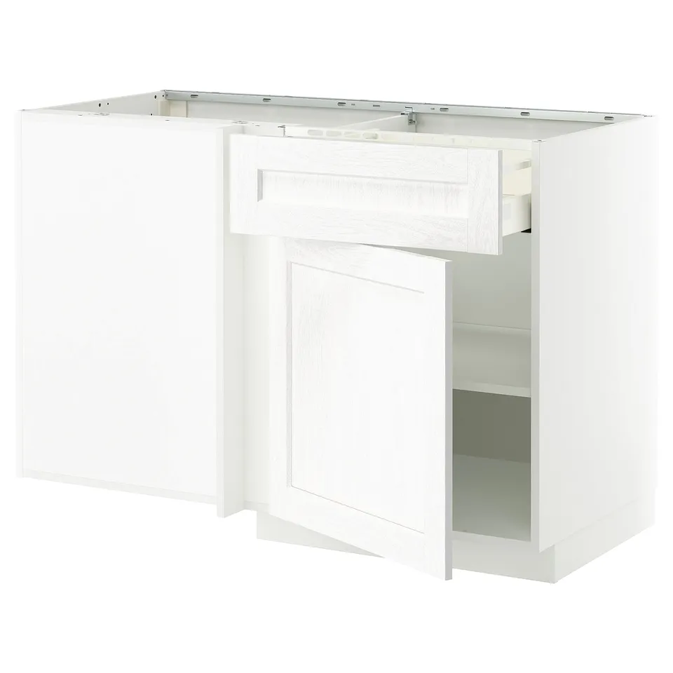White kitchen cabinet with drawer and shelf.