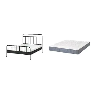 STJÄRNÖ/VALEVÅG Bed with 24cm thick mattress, pocket sprung, foam,5 comfort zones, extra firm, anthracite/Lönset + extra firm/light blue, 150x200 cm