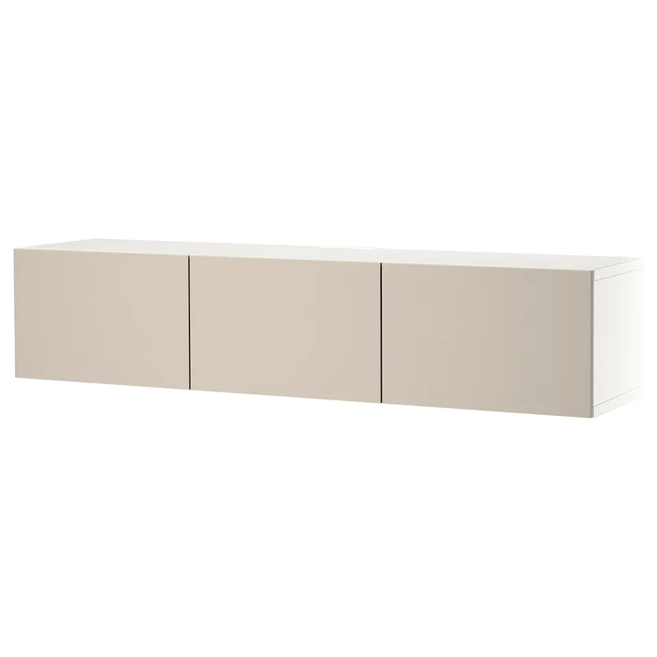 An ikea BESTÅ tv bench in white and beige with three doors, featuring a minimalist and rectangular design for modern spaces.