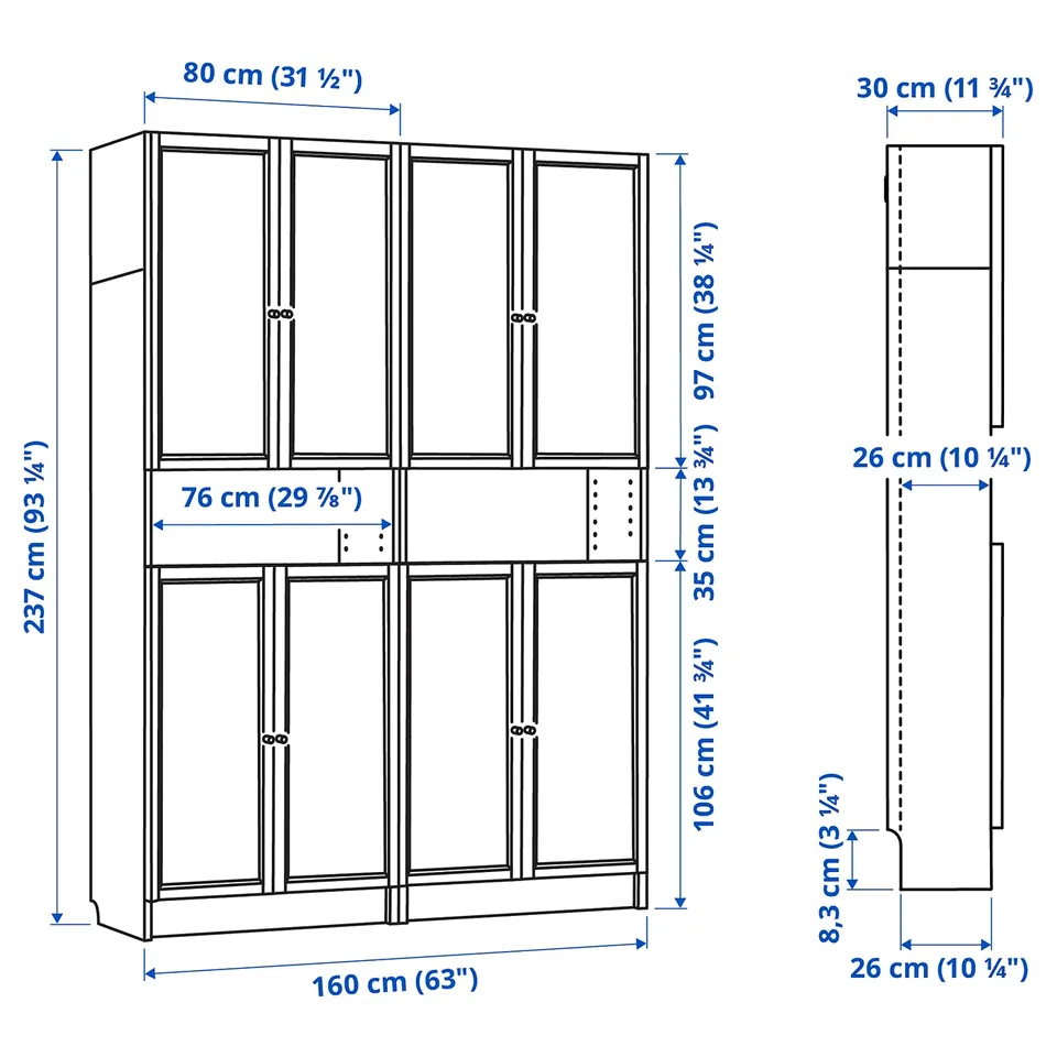 Illustration with measurements for the product: BILLY.