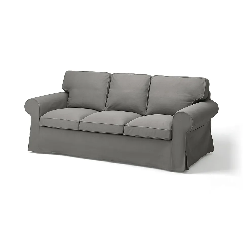 EKTORP 3-seater sofa, grey fabric, rounded arms, plump cushions.