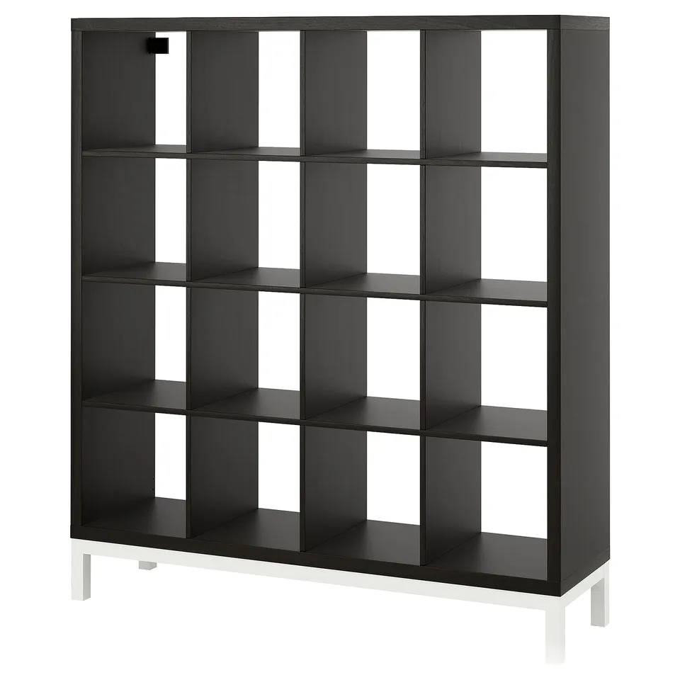 Black KALLAX shelves, cube-shaped, modern design, steel legs, large storage capacity.