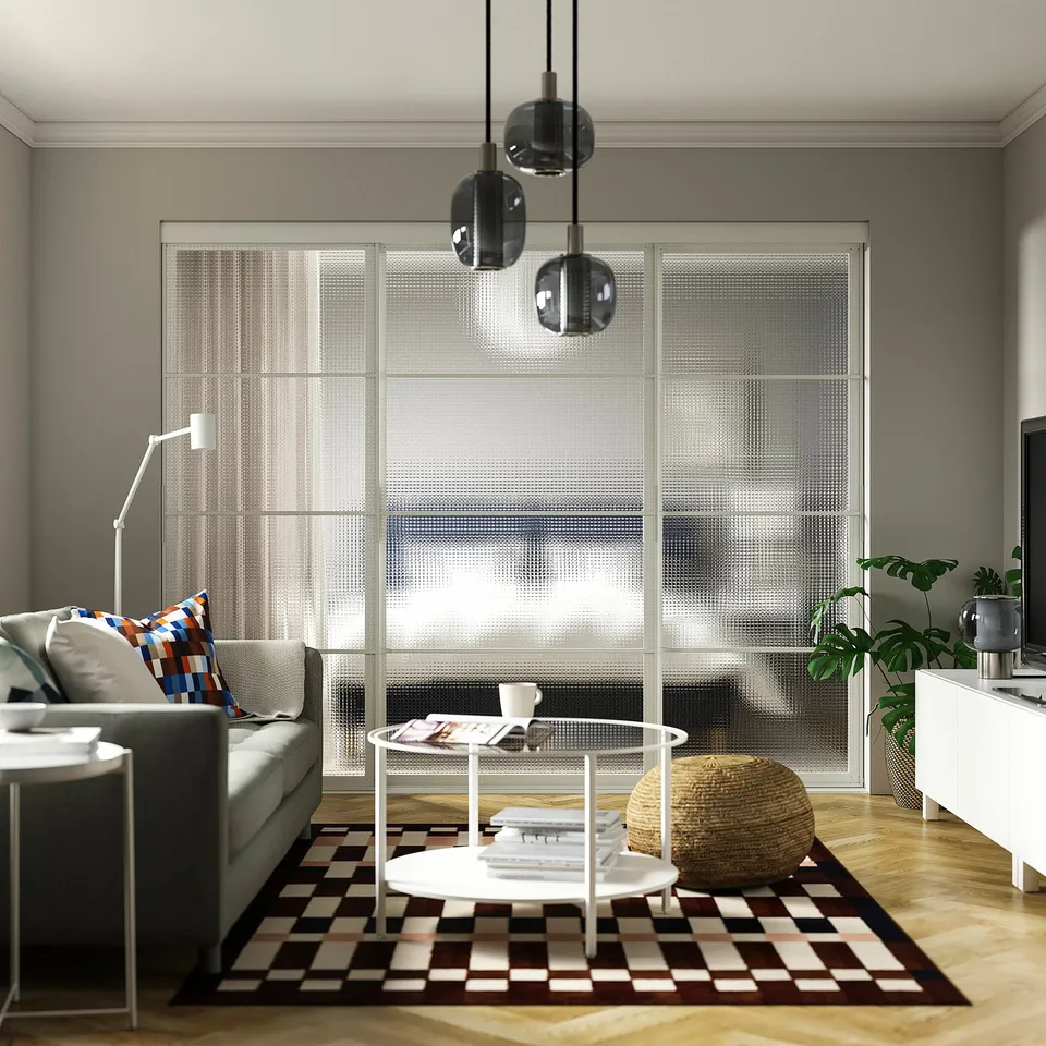 SKYTTA / LUNDBRÄSMA Sliding door combination, white/checkered glass, 251x205 cm