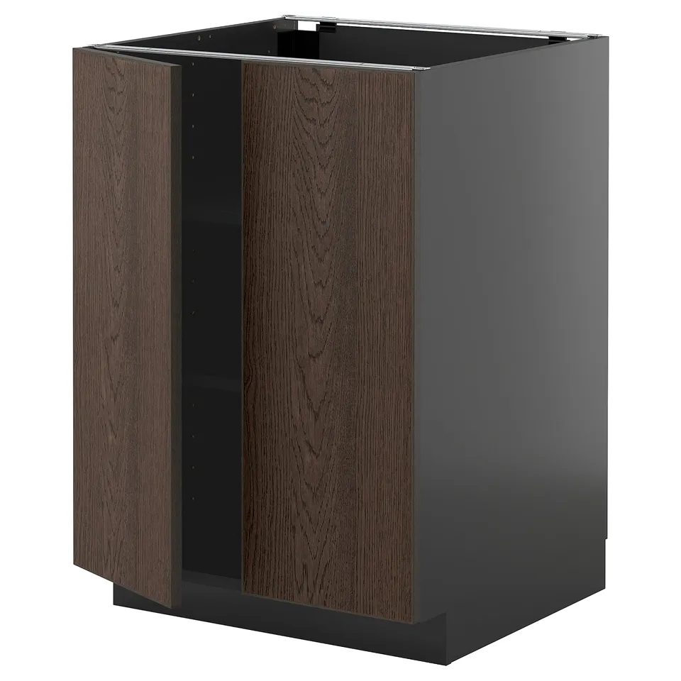 Ikea METOD dark brown cabinet with wood doors.