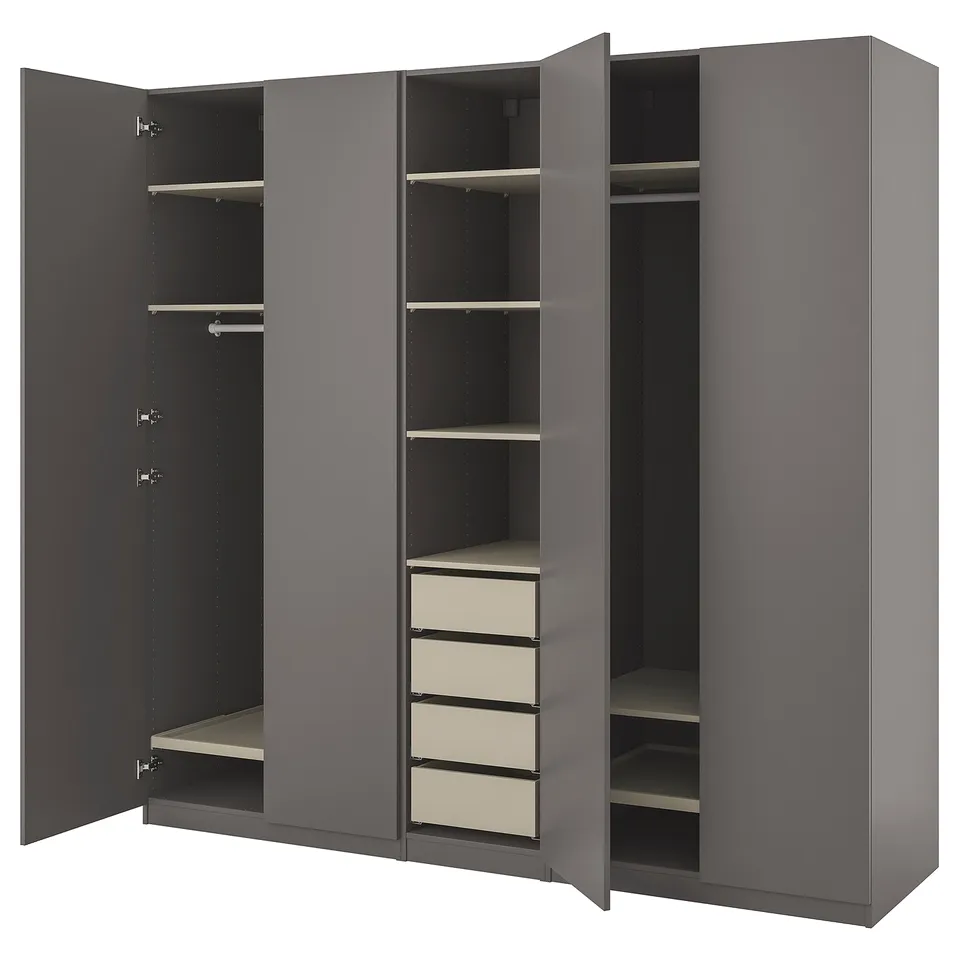 A grey IKEA PAX wardrobe with open doors, displaying shelves and drawers.