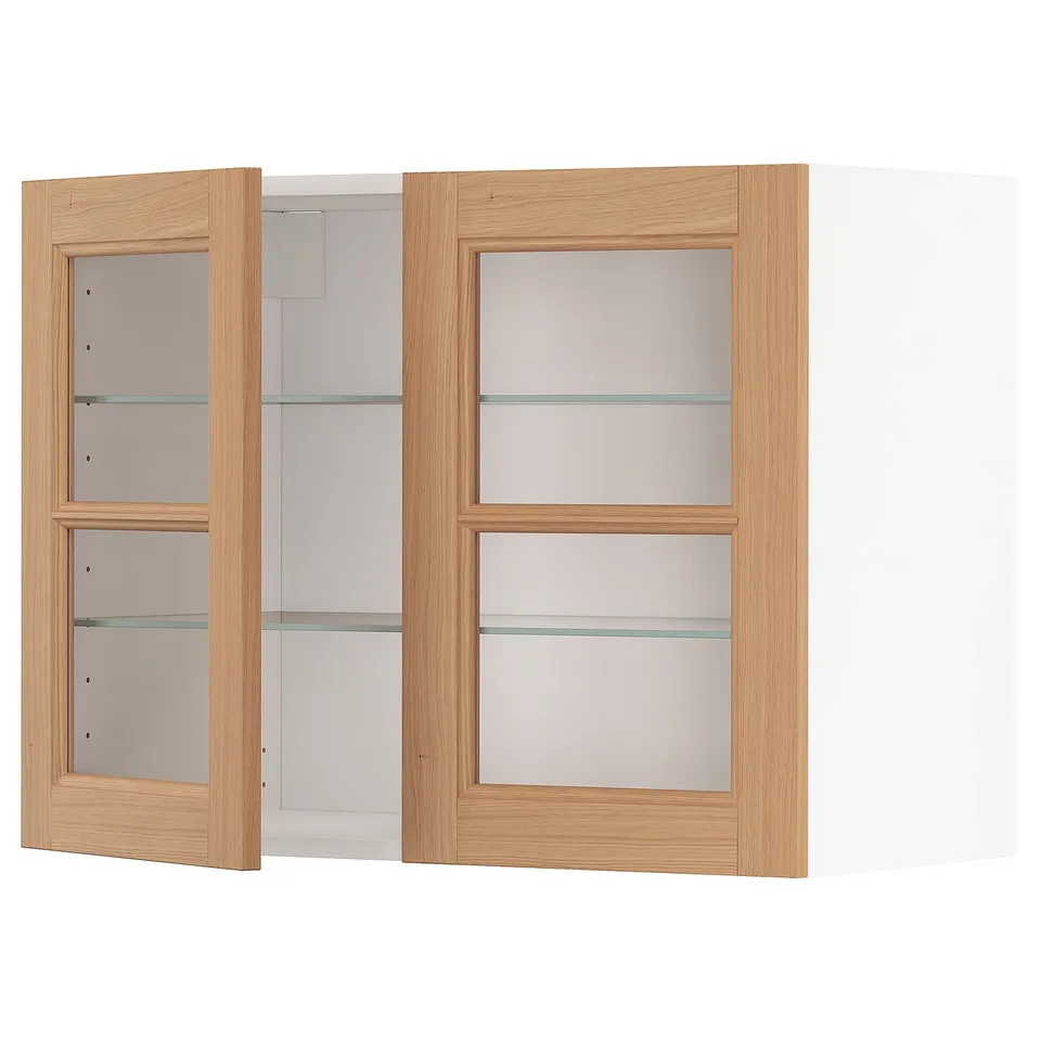An open wooden-mounted glass cabinet, ideal for kitchen storage.