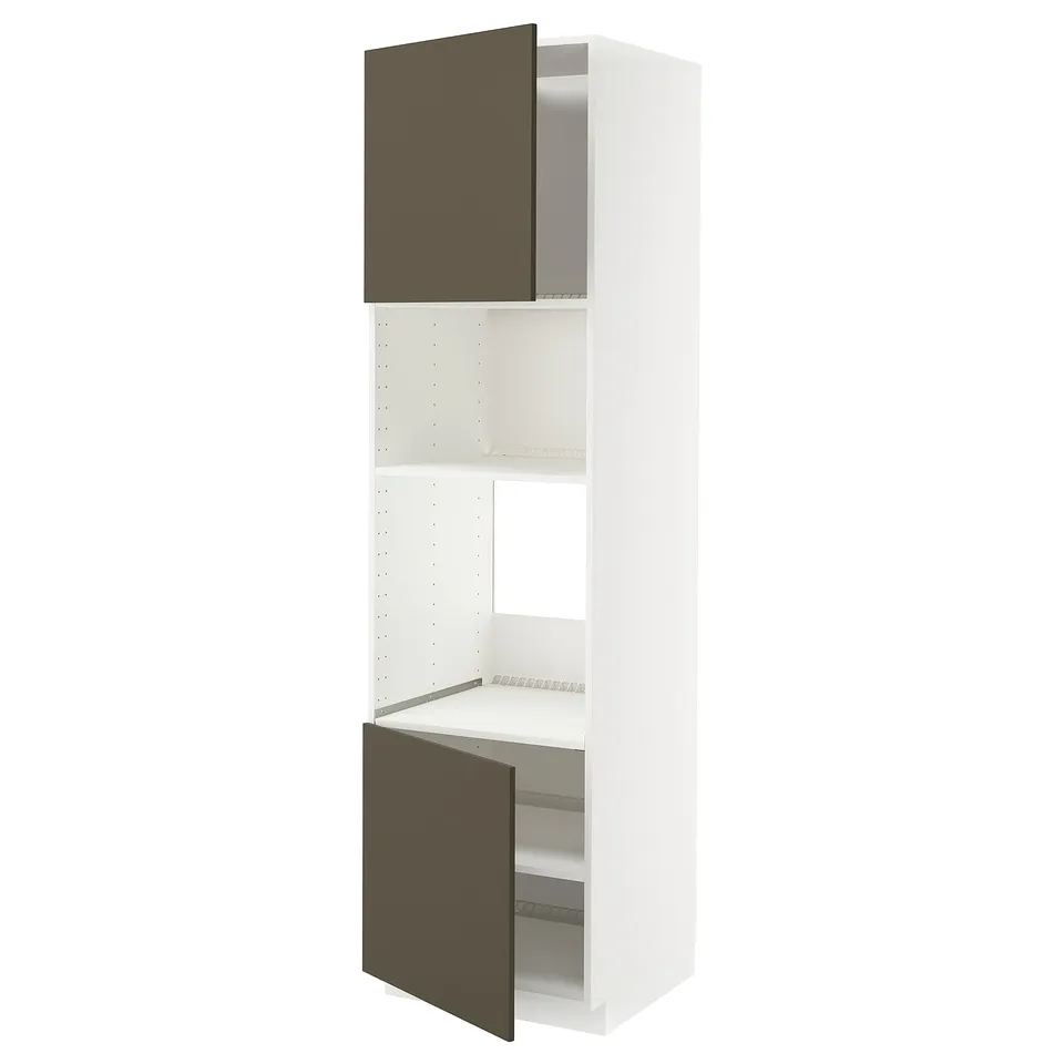 Depicts a white METOD kitchen cabinet with dark brown doors. It two adjustable shelves and is designed with snap-on hinges.