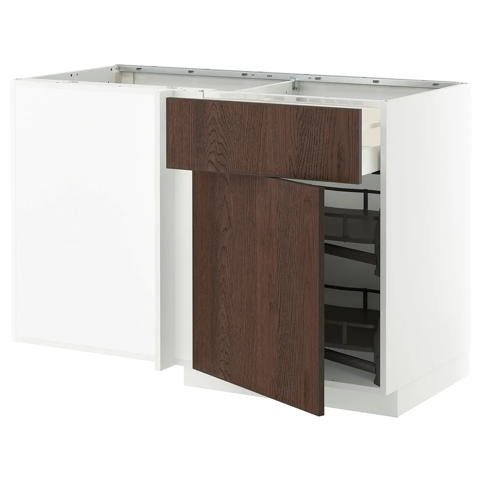 Modern kitchen unit, white and brown. Open shelves, dark wood doors, metal framing, smooth edges.