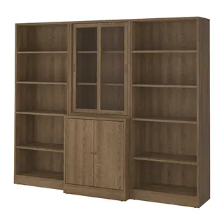 TONSTAD set: bookcase + cabinet with sliding glass doors + cabinet with doors, brown stained oak veneer, 82x37x201 cm