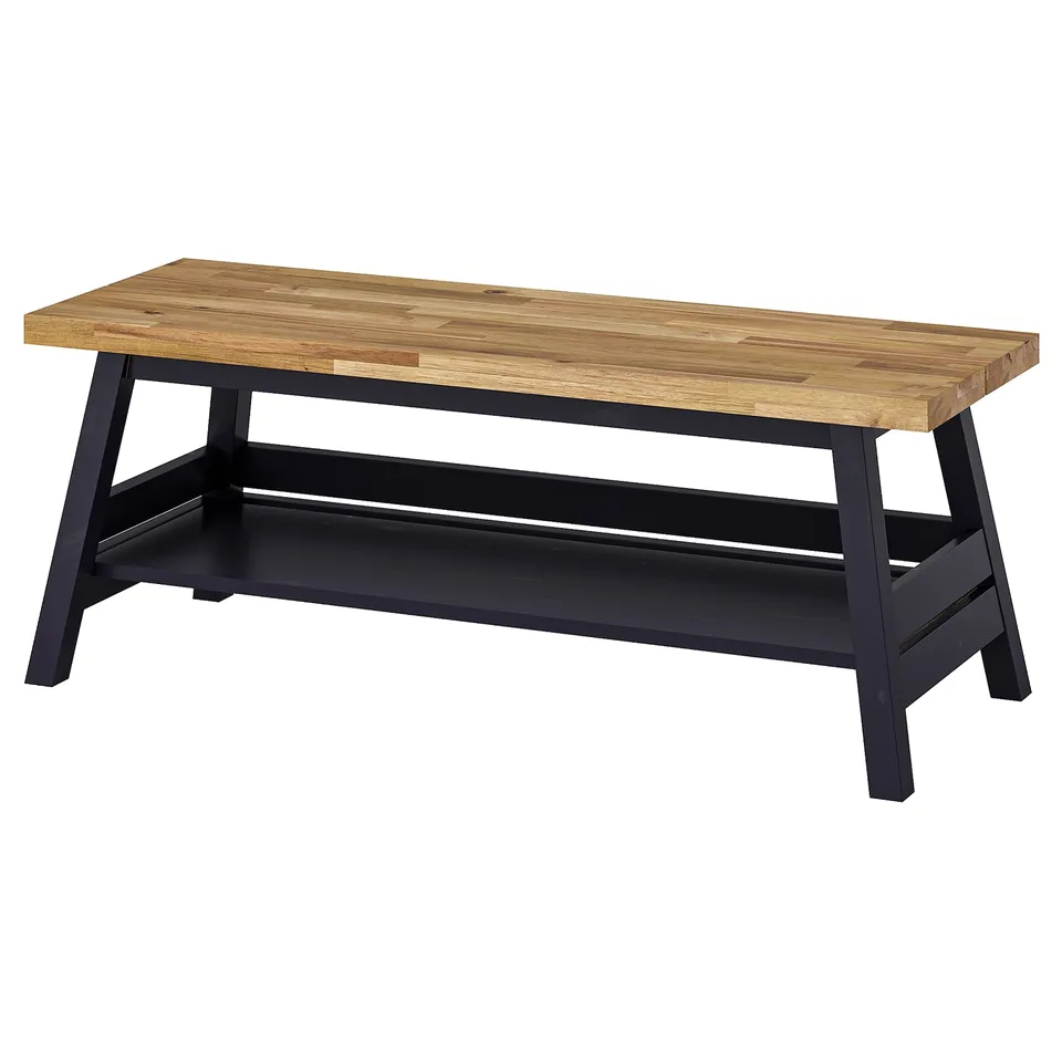 SKOGSTA bench, natural wood, black legs, square shape, sturdy design.