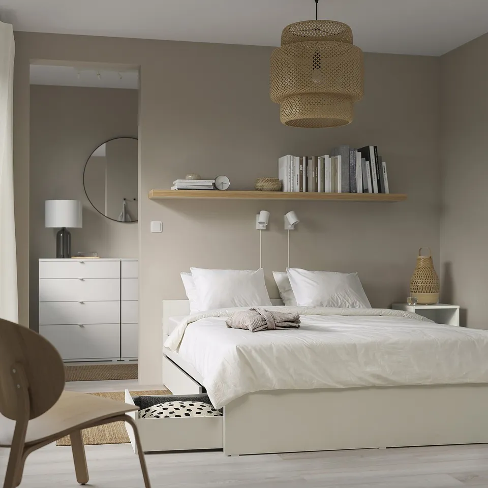 Bedroom with VIHALS bed, storage, shelf, chair, mirror, pendant lamp, and dresser.