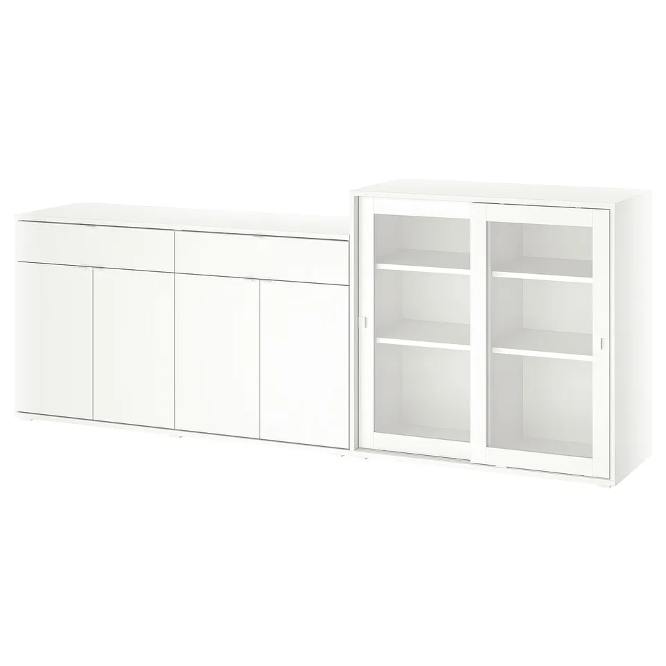 Two white cabinets, one with sliding glass doors, one with solid doors, modern and minimalist design.