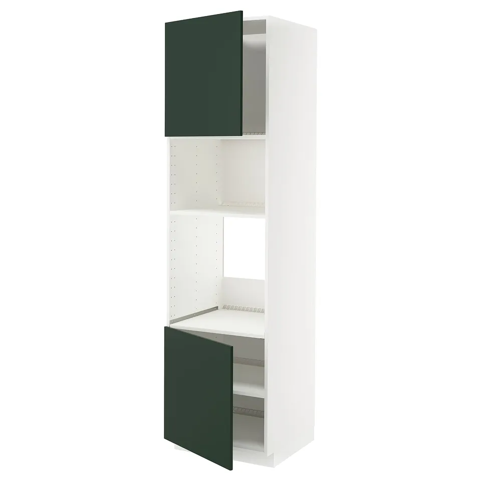 Tall white cabinet with green doors, adjustable shelves.