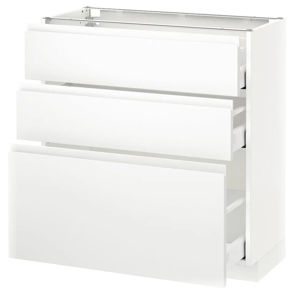 White METOD kitchen cabinet, 3 drawers, smooth design.