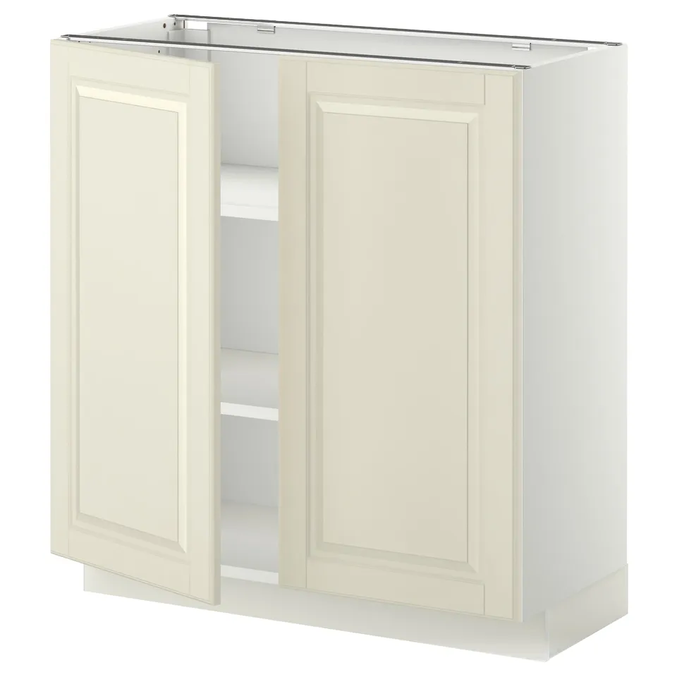 White METOD cabinet with two off-white doors, bevelled edges, adjustable shelves.