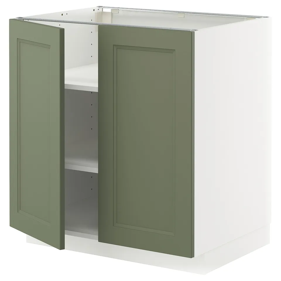 Green doors, white cabinet base, modern kitchen storage unit by ikea METOD.