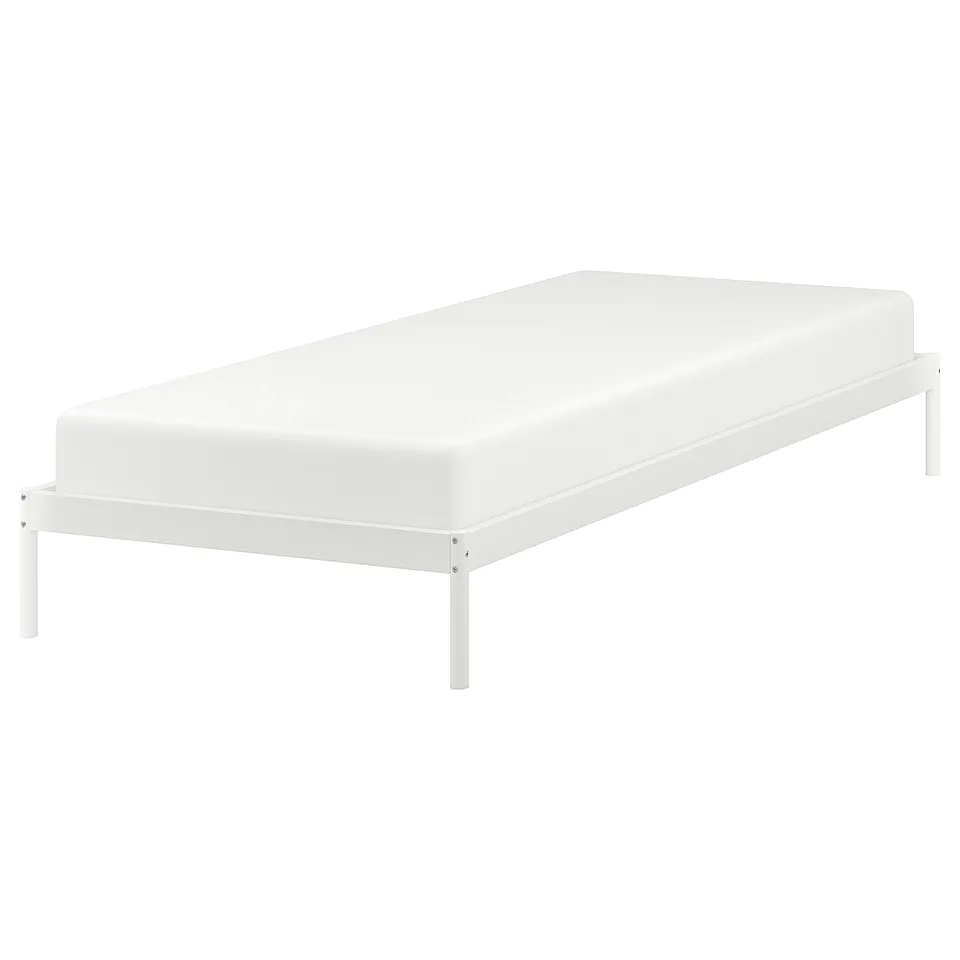 VEVELSTAD, white metal bed frame, minimalist design, clean lines.
