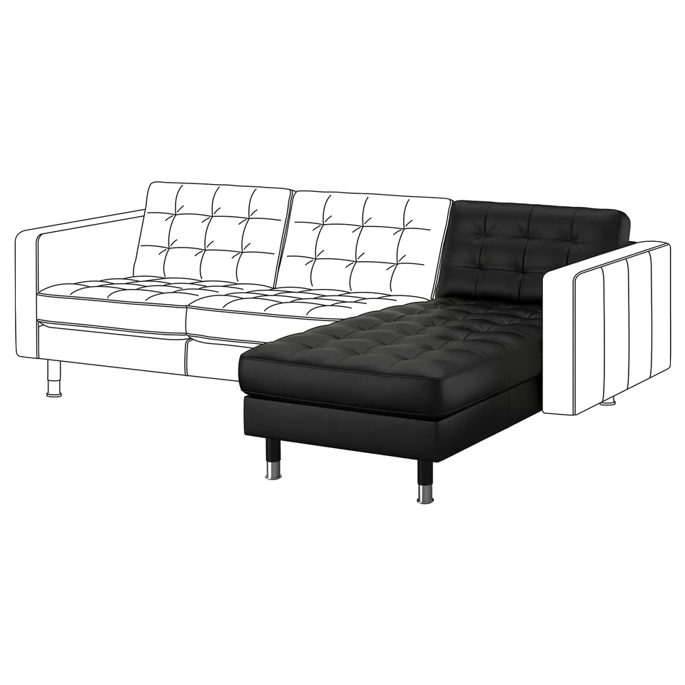 Black l-shaped leather sofa with tufted cushions and metal legs.